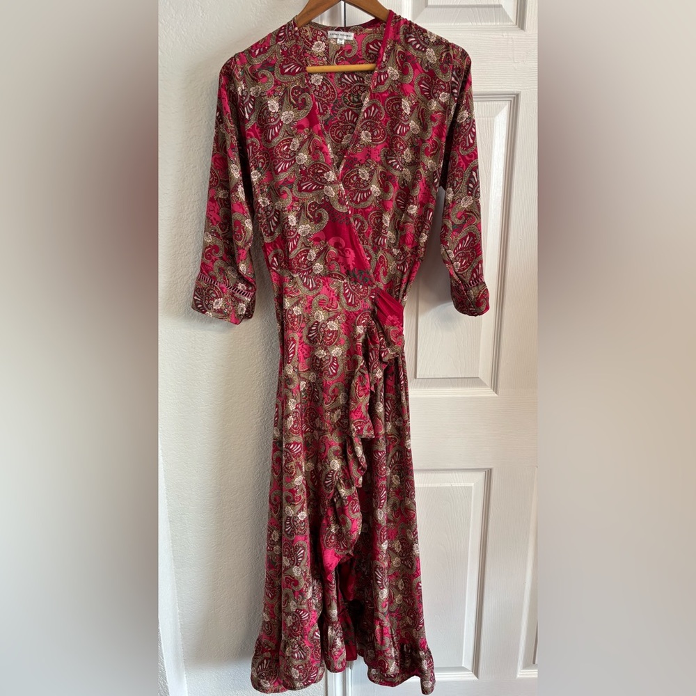 Floral Paisley Wrap Dress in Fuchsia and Brown